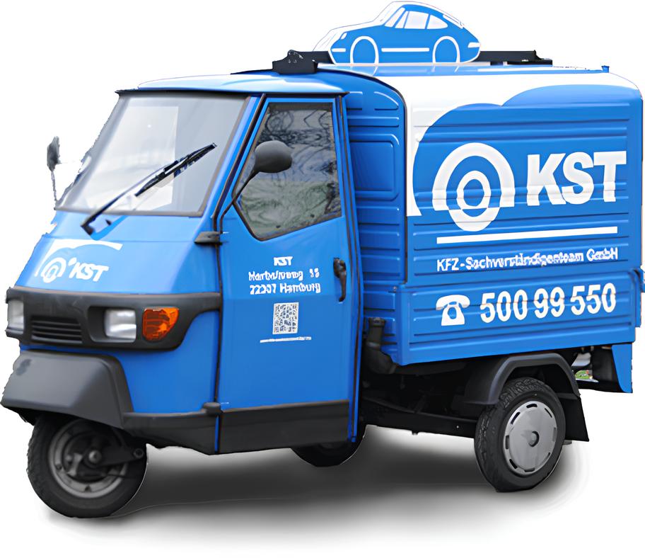 Blaues dreirädriges Werbefahrzeug mit KST-Logo und Kontaktdaten der KFZ-Sachverständigen auf der Seitenwand.