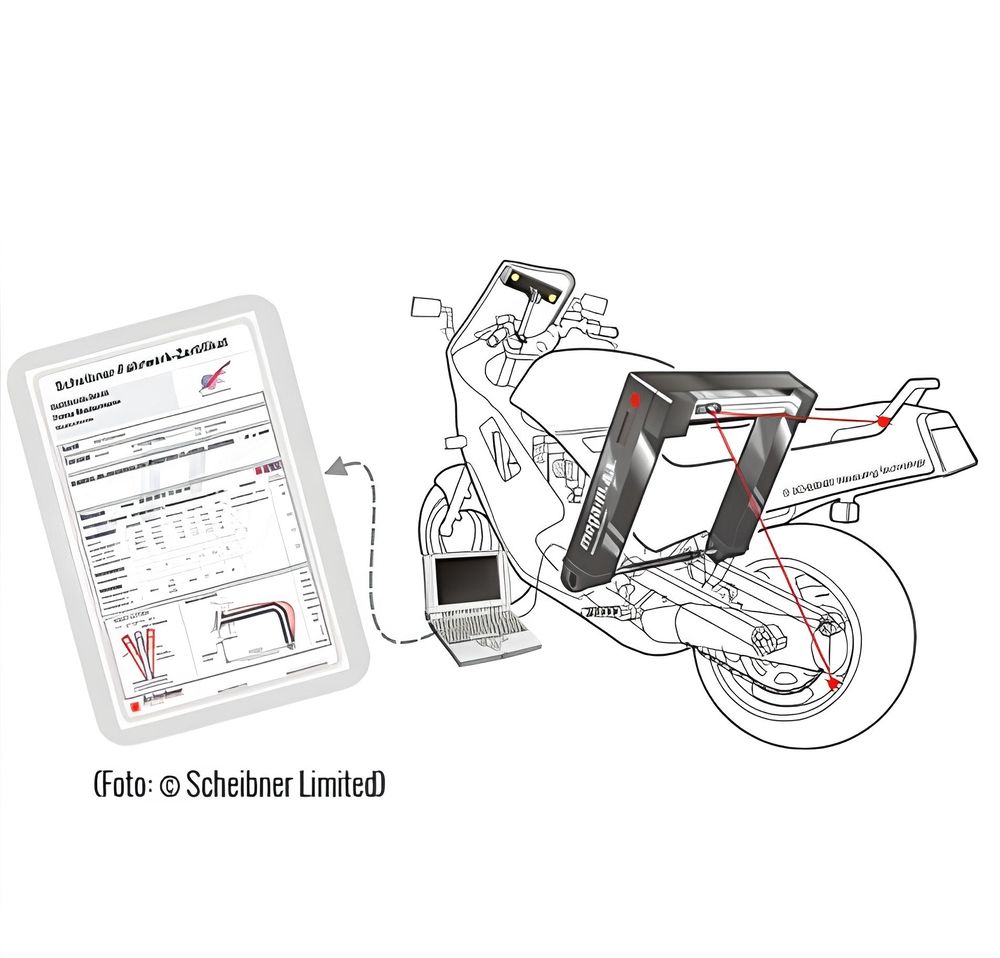 Illustration eines Motorrads mit Fahrwerksvermessungssystem und verbundenem Laptop samt Messprotokoll.